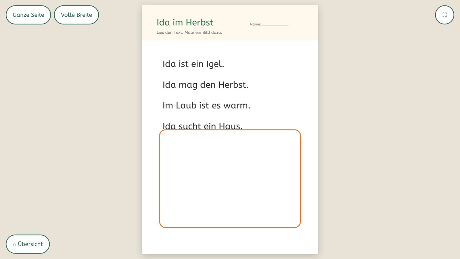 Arbeitsblatt „Ida im Herbst“ groß am Smartboard, mit Knöpfen für ganze Seite und volle Breite