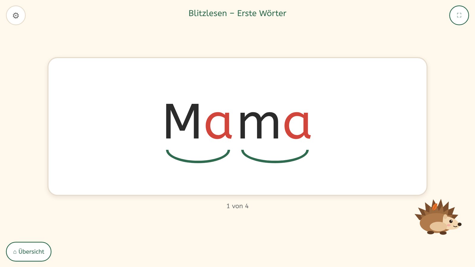 Blitzlesen: das Wort Mama mit roten Vokalen und Silbenbögen auf einer großen Karte