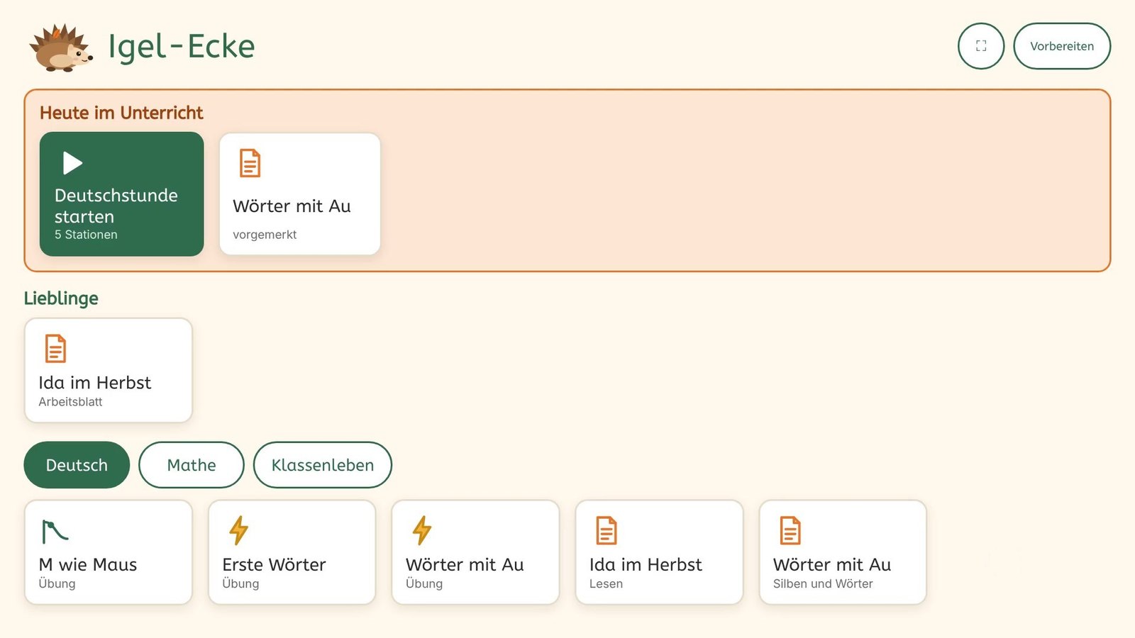 Startseite der Beispiel-Plattform Igel-Ecke am Smartboard: oben „Heute im Unterricht“ mit „Deutschstunde starten“ und dem vorgemerkten Arbeitsblatt, darunter Kacheln für Deutsch