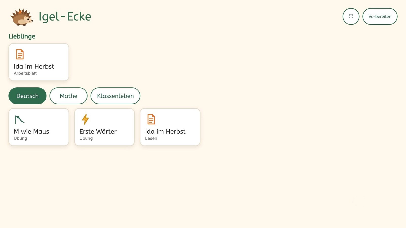 Startseite der Igel-Ecke am Smartboard: Lieblinge, Reiter für Deutsch, Mathe und Klassenleben, darunter große Kacheln